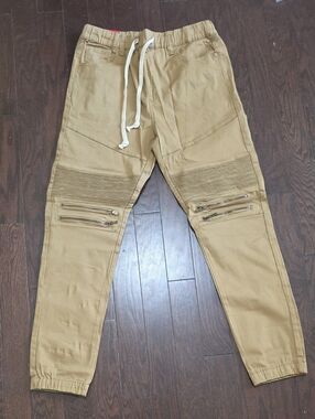 Men's Tan Moto Joggers with Ribbed Knee Panels & Zip Details
